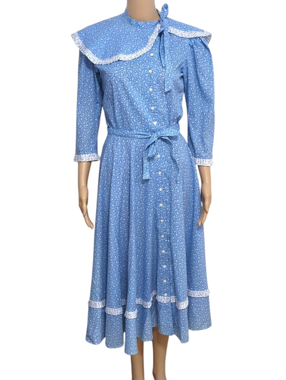 Vintage Foxy Lady Prairie Dress Blue Ditsy Floral Ruffle Collar Made in USA Sz 4 - Picture 2 of 7